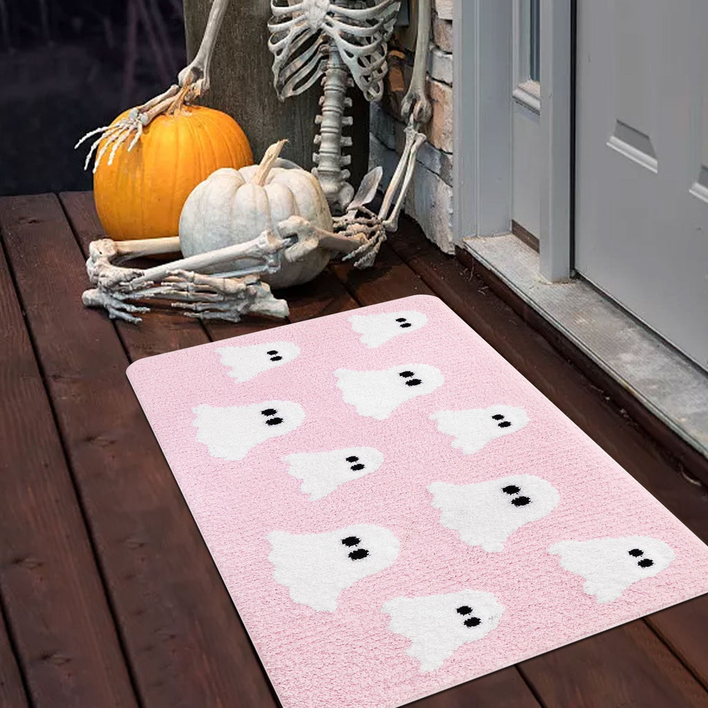 Coollooc Halloween Spooky Ghosts Bath Mat, Light Grey Bathroom Rugs Cute Home Decor Non Slip Gift Shower Rug for Bedroom, Happy Halloween Door Mat, Living Room and Entry(Pink)