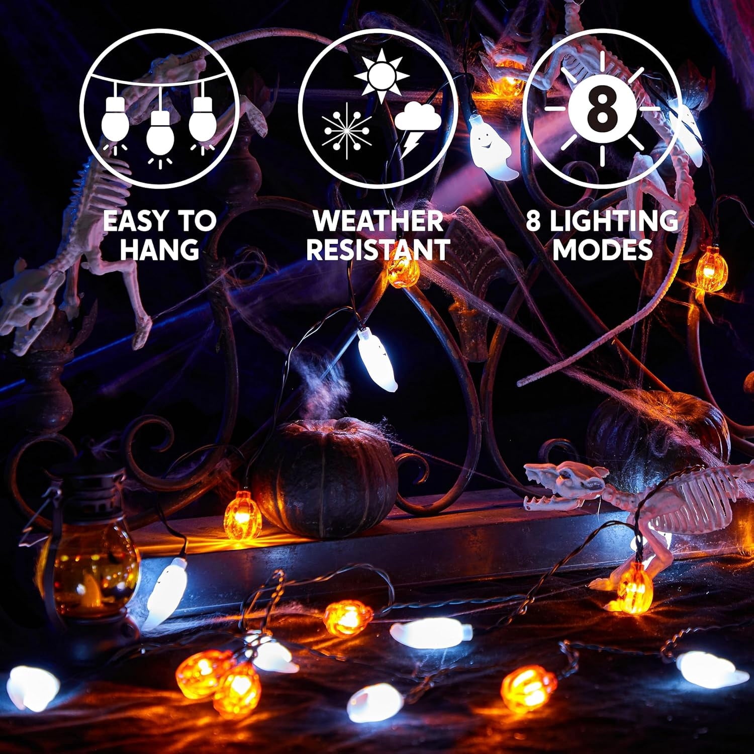 Joyfy 19.7ft Halloween Lights,30 LED Waterproof 3D Pumpkin Ghost Battery Operated String Lights with Timer 8 Lighting Modes Fairy Light for Window Indoor Outdoor Decor Halloween Party Decorations