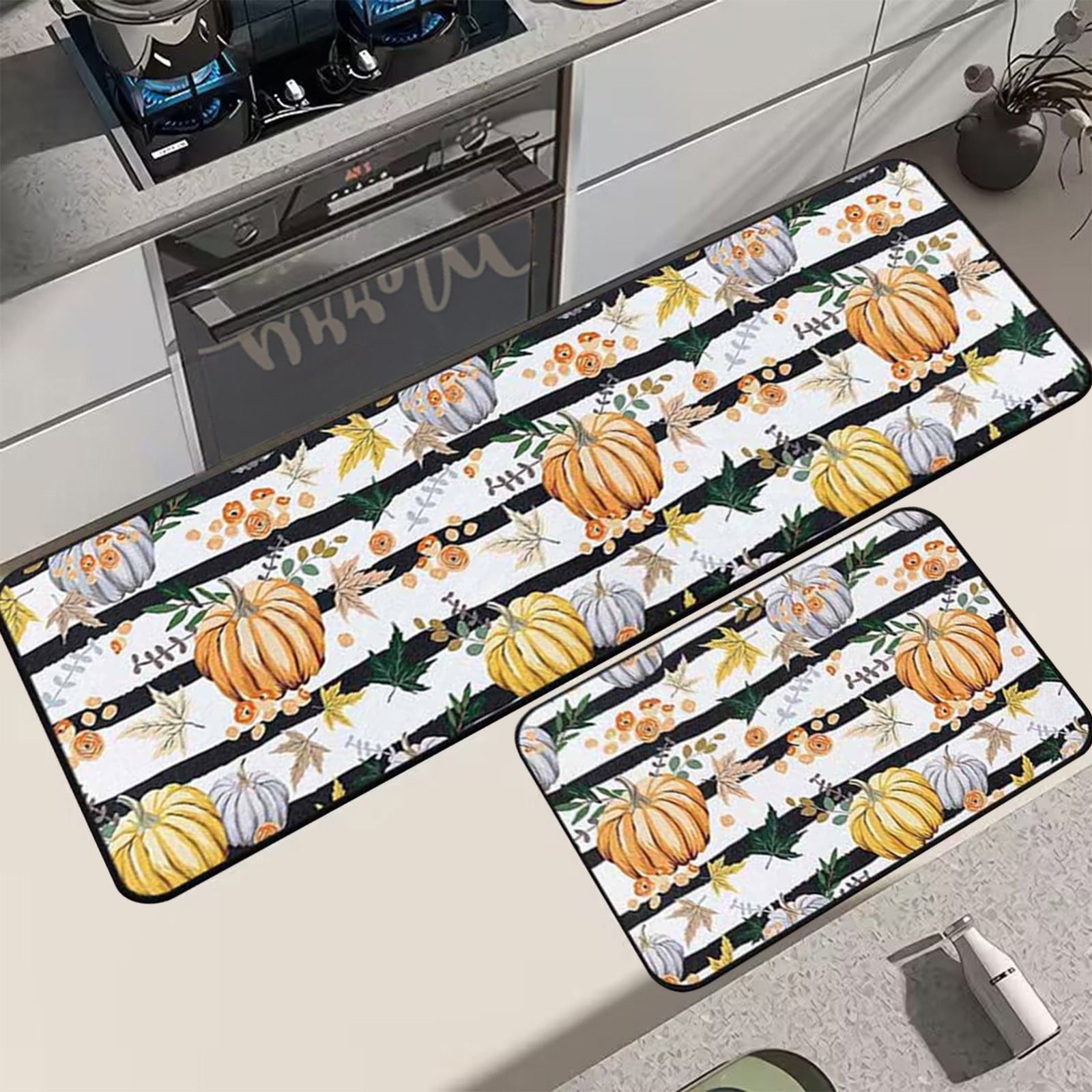 Decorative Kitchen Floor Mats Set of Two, Fall Theme Pumpkin Turkey Pattern Kitchen Rugs and Mats for Outdoor Indoor Kitchen Decor Halloween Thanksgiving Non-Slip Doormat