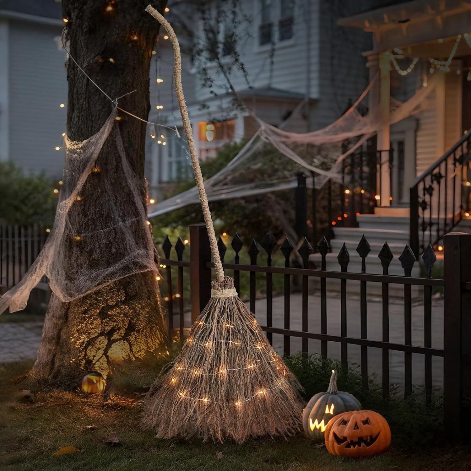 Halloween Decoration Indoor, 5.5 Ft Giant Light-Up Witches Broom, Rustic Halloween Decor for Porch, Yard, Front Door