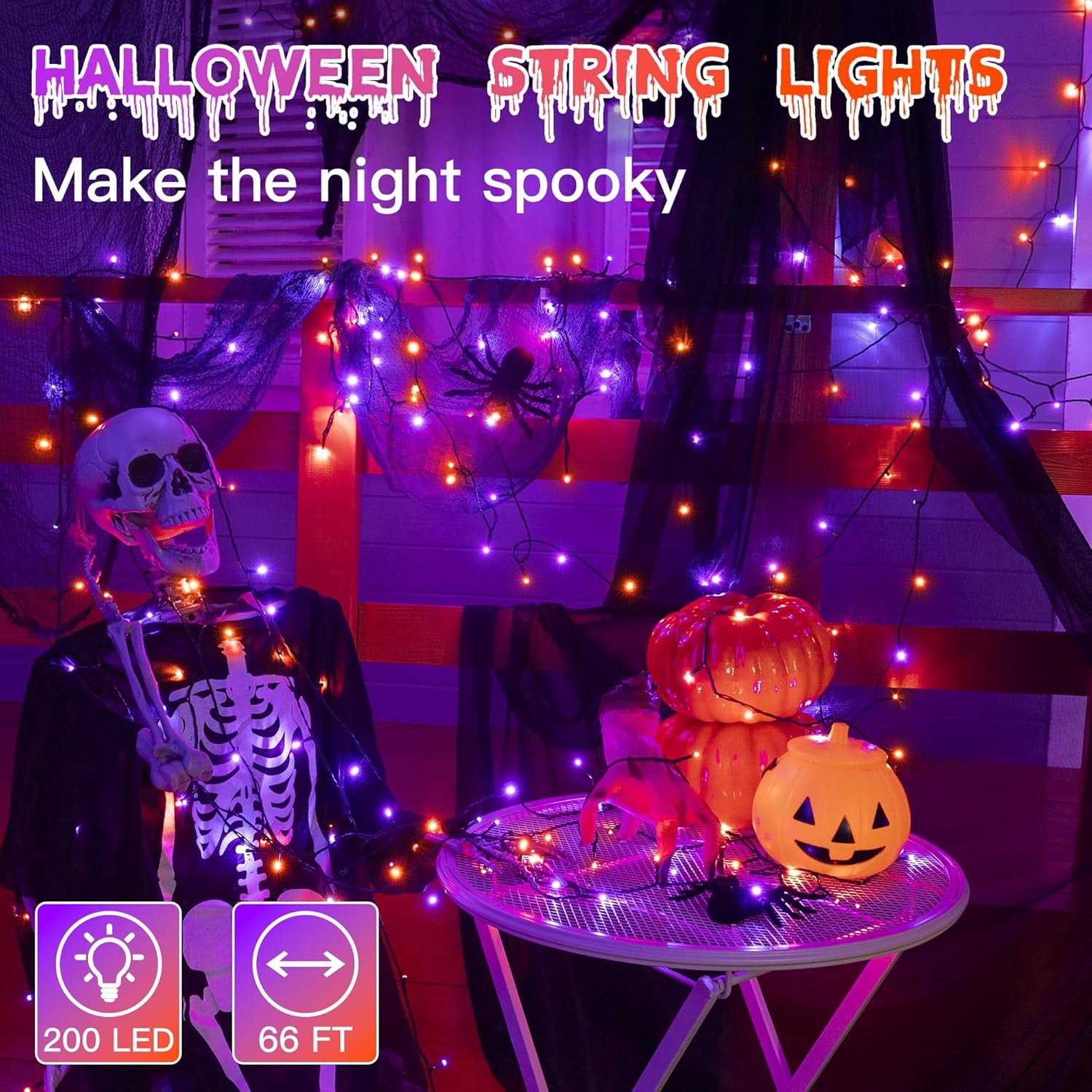 66FT 200 LED Halloween Lights, Halloween Lights Outdoor with 8 Lighting Modes, Waterproof Halloween String Lights for Christmas Outdoor Party Yard Garden Decoration