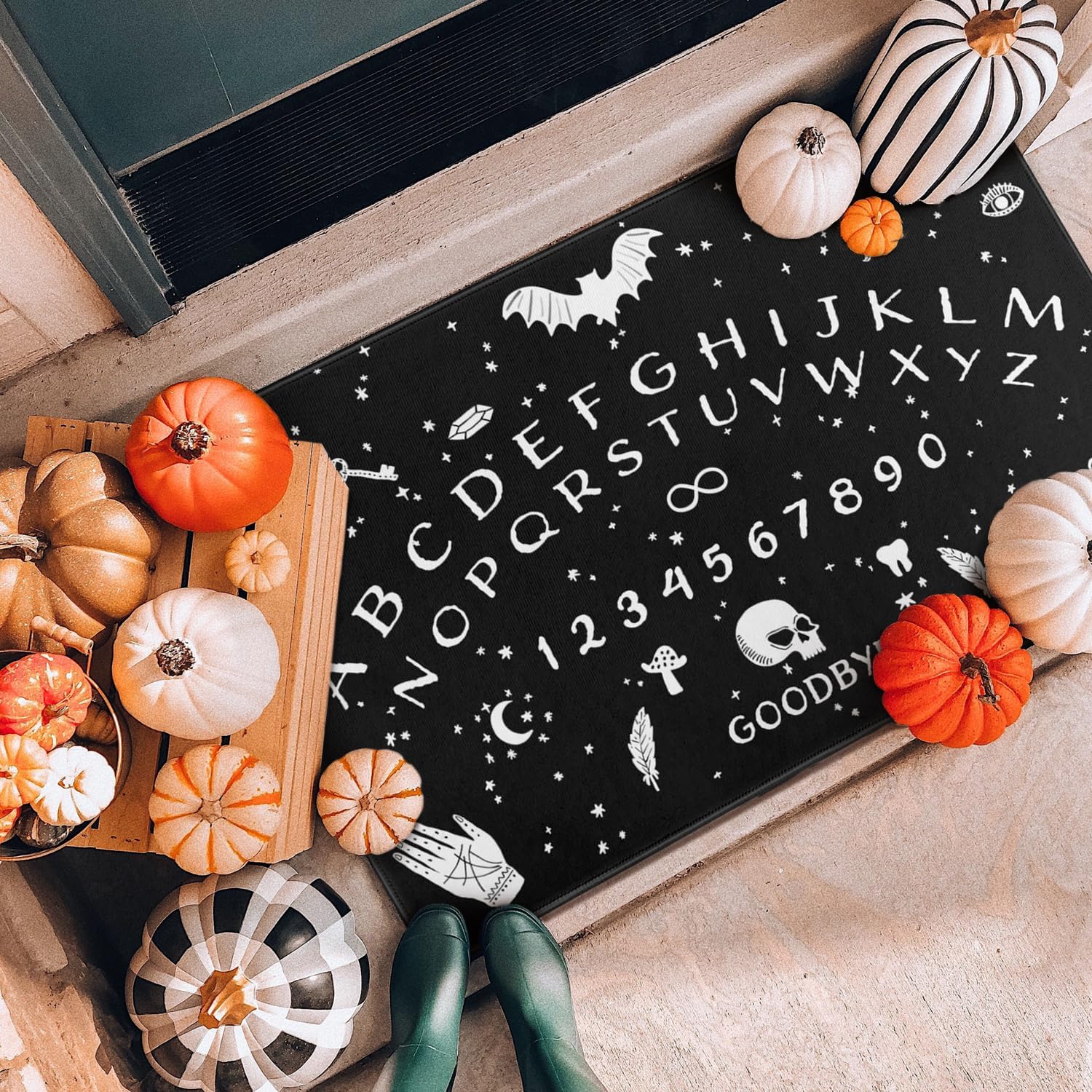 Halloween Door Mat,Goth Occult Spooky Creepy Witch Skull Bats Outdoor Mats for Front Door,Halloween Indoor Entrance Non-Slip Doormat Entryway Welcome Rubber Mats for Porch Decor 30" x 17"