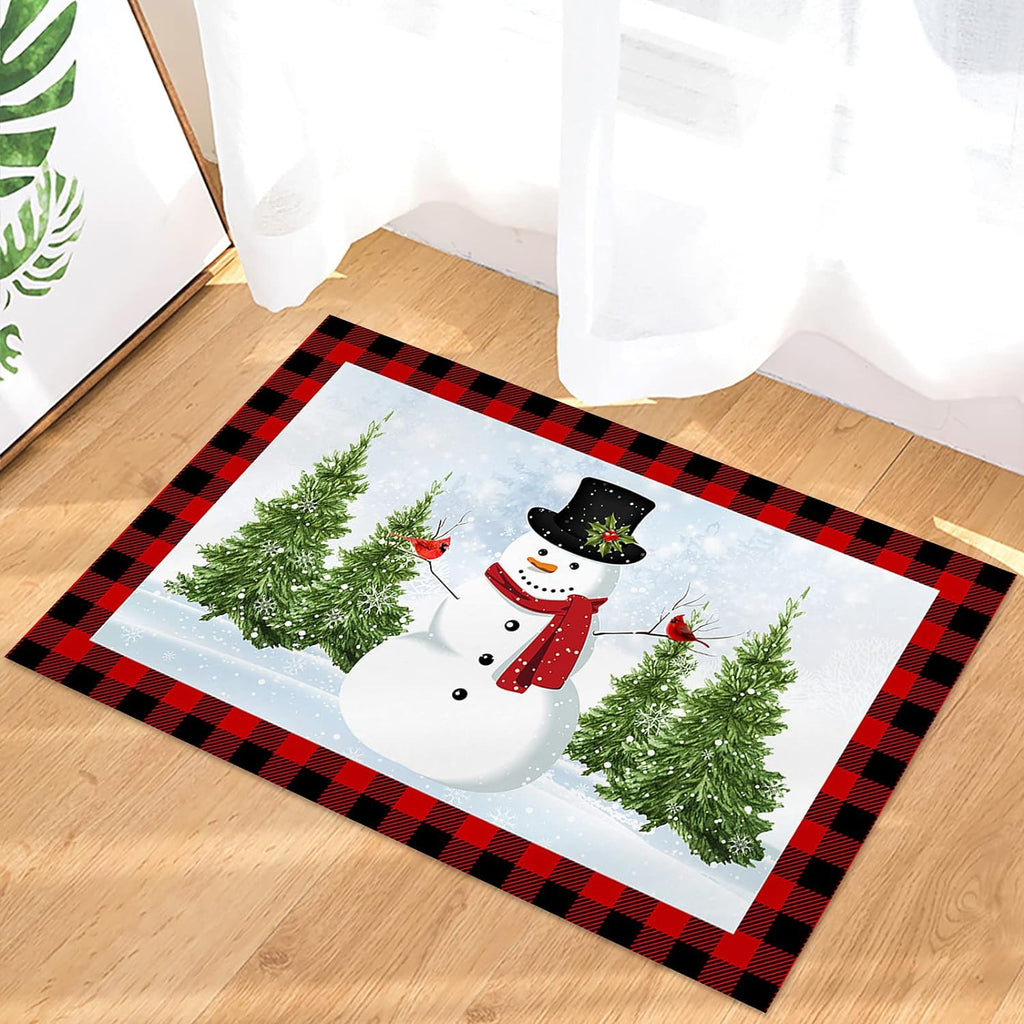Christmas Snowman Trees Entrance Door Mat, Red Plaid Low Profile Tradition Christmas Decor Welcome Doormat, Non-Slip Carpet Rugs Floor Mat Decorative for Home/Bathroom/Kitchen - 20"x31.5"