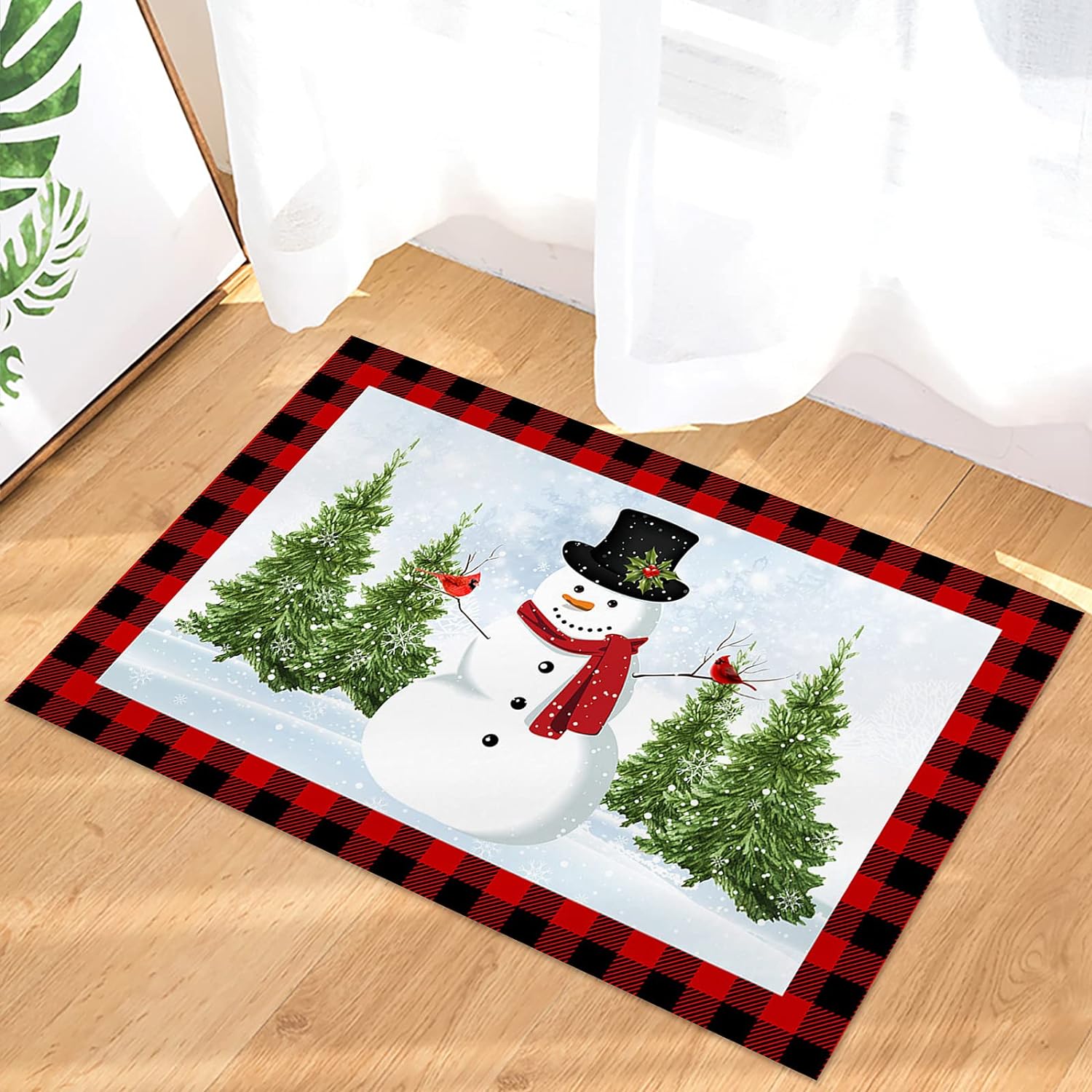 Christmas Snowman Trees Entrance Door Mat, Red Plaid Low Profile Tradition Christmas Decor Welcome Doormat, Non-Slip Carpet Rugs Floor Mat Decorative for Home/Bathroom/Kitchen - 20"x31.5"