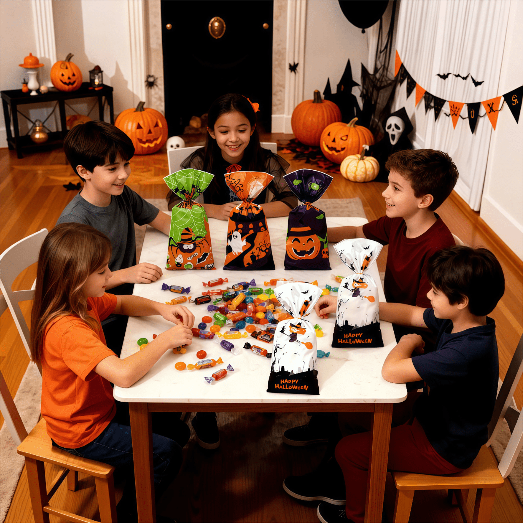 Qoosea 200 Pcs Halloween Treat Bags Halloween Cellophane Candy Bags Spider Web Bat Ghost Pumpkin Gift Bags with 200 Twist Ties Kids Party Candy Bags for Halloween Party Supplies