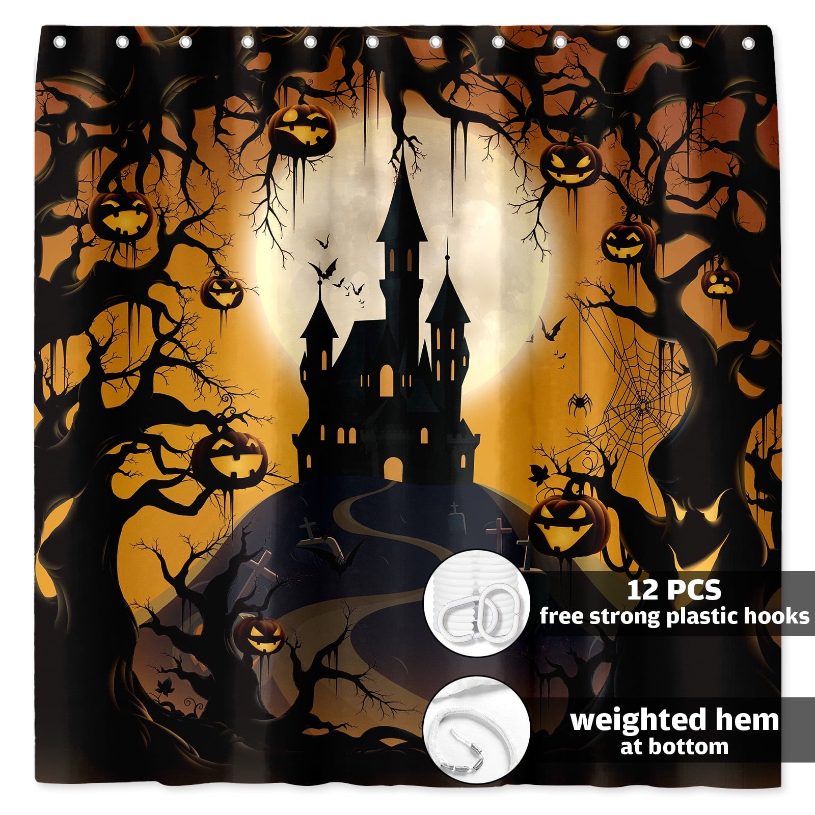 Seasonwood Halloween Shower Curtain,Spooky Halloween Black Cat Shower Curtain,Waterproof Halloween Bathroom Decor with 12 hooks,72"x72"