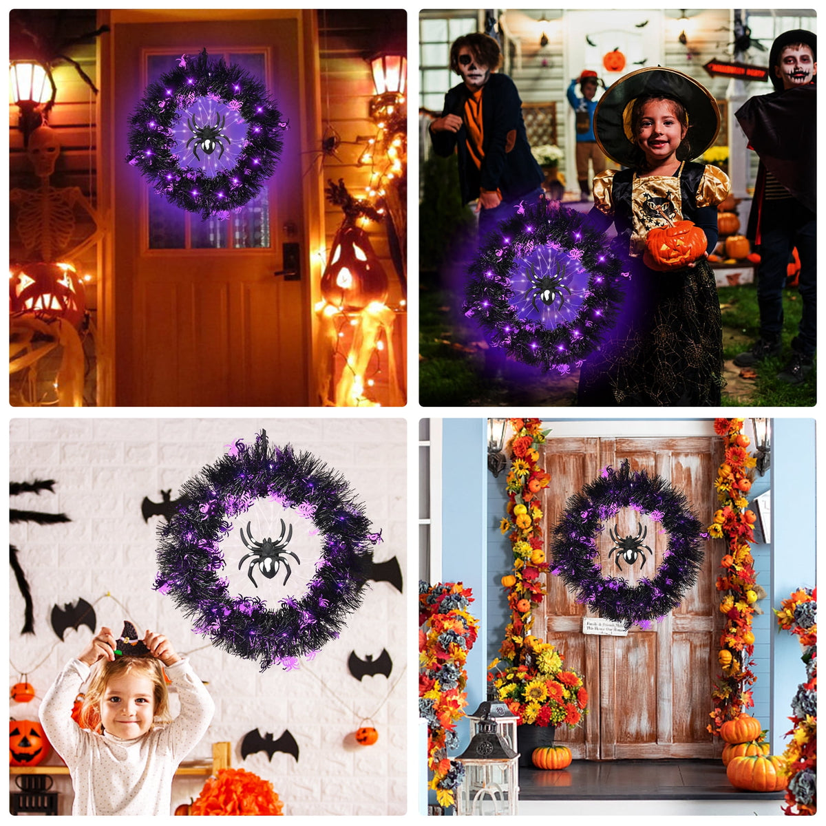 Halloween Wreath Halloween Spider Decorations Wreath with Lights, Halloween Spider Garland LED Halloween Door Wreath for Halloween Party, Halloween Decorations Outdoor Indoor Wall and Window