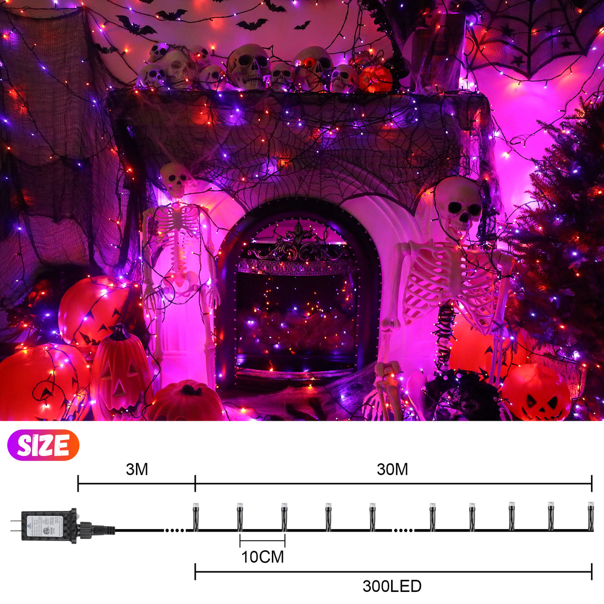 Magotan 300 LED 98 ft Halloween Lights Outdoor Indoor Orange and Purple Halloween Decorations String Lights