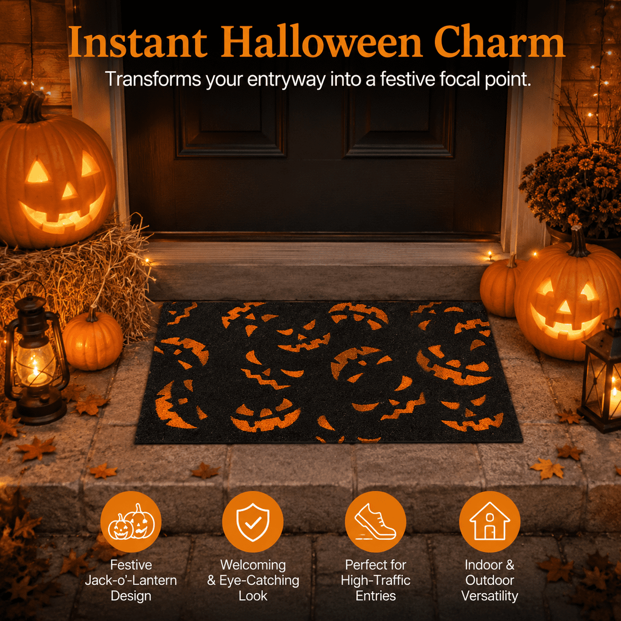 Doormat with Black and Orange Pumpkin Face Pattern, Durable Fiber Material for Outdoor Porch Front Door, Festive Halloween Decor,40 x 60 cm