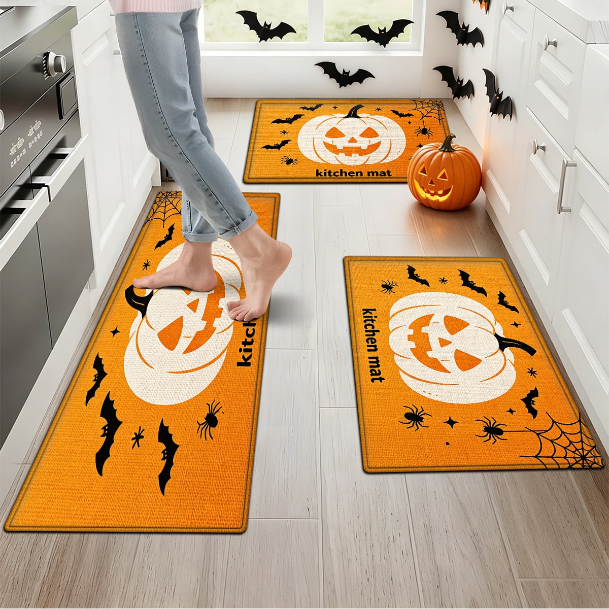 YIMEIS Halloween White Pumpkin Multi-purpose 3-Piece Flannel Mat and Kitchen Rugs,Soft Non-slip for Home Bedroom Bathroom