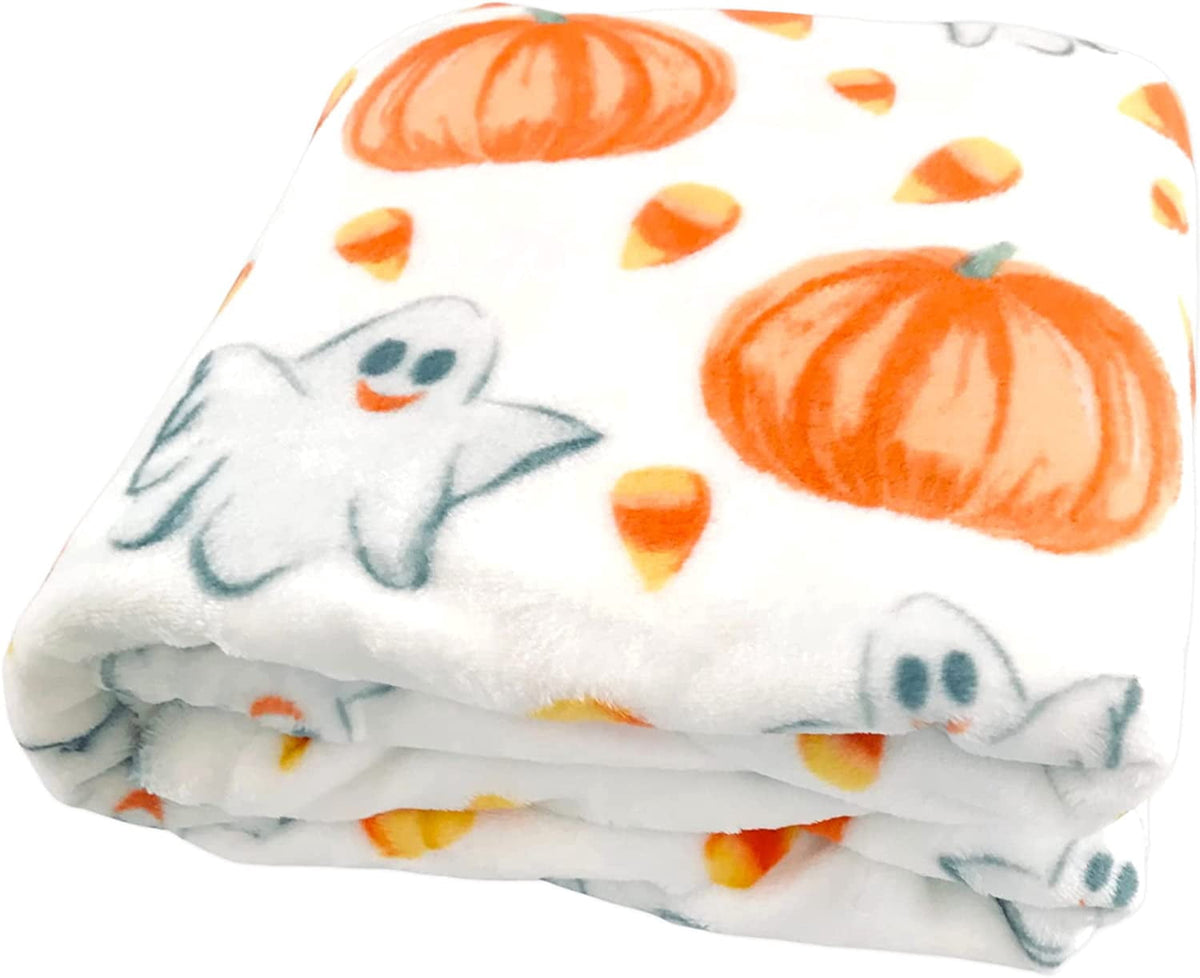 Serafina Home Halloween Throw Blanket: Fuzzy Boo! Jack O'Lantern Spider Webs Skull and Black Cats Print on Velvet Fleece for Sofa Bed Couch Chair Dorm