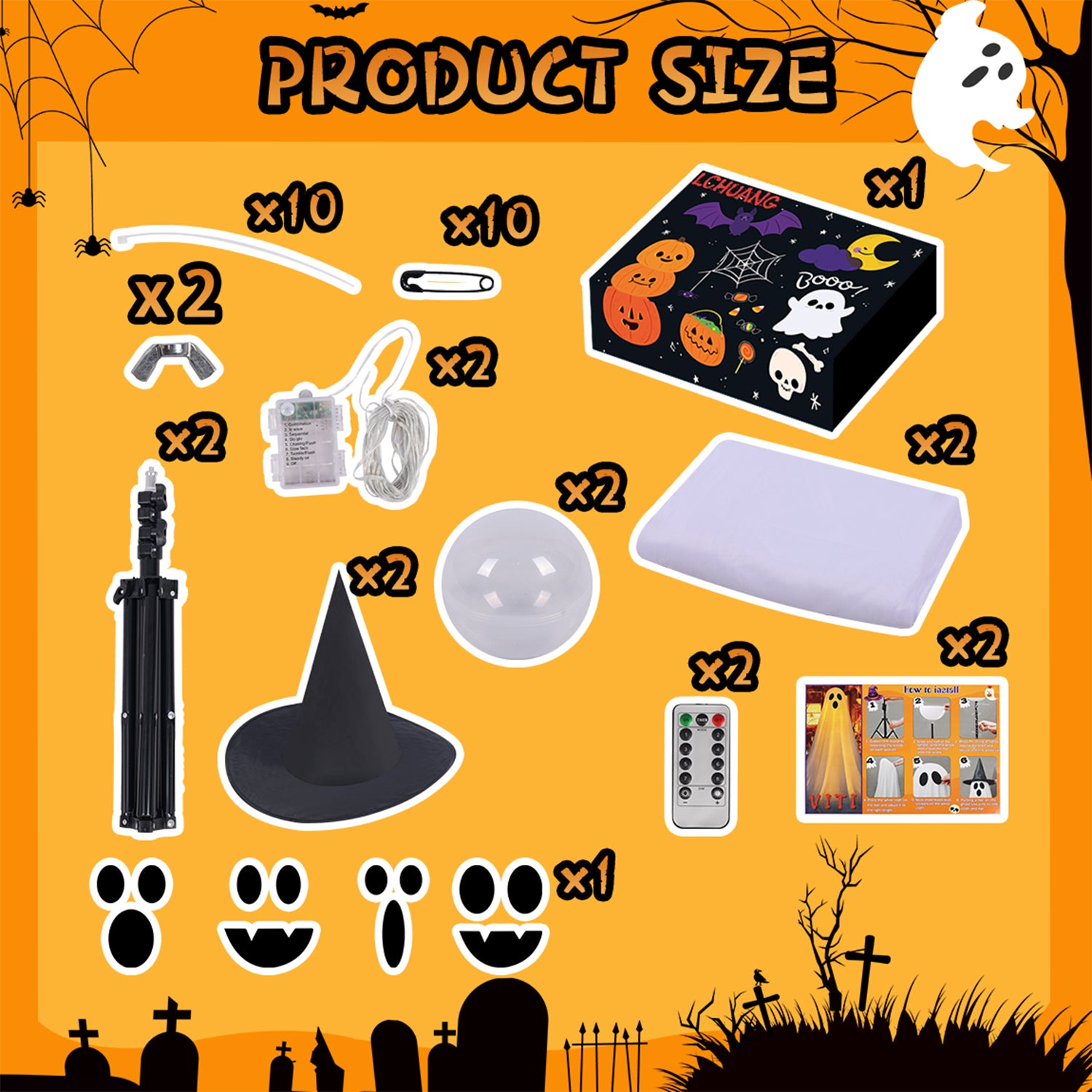 2Pcs Halloween Decorations Outdoor Ghost, DIY Ghost Kit Decor with Witch Hat Remote Control String Lights Halloween Decorations Indoor Halloween Ghost Lights for Porches Yards Gardens Lawn