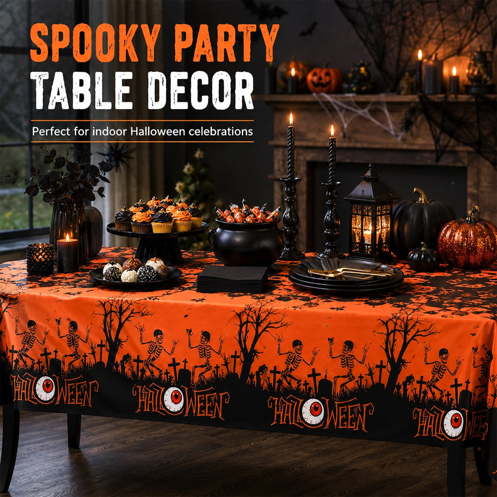 Halloween Tablecloth Decorations Halloween Party Supplies Plastic Disposable Rectangle Tablecovers Skeletons Ghosts Pumpkin Table Décor 3Pcs Design 2