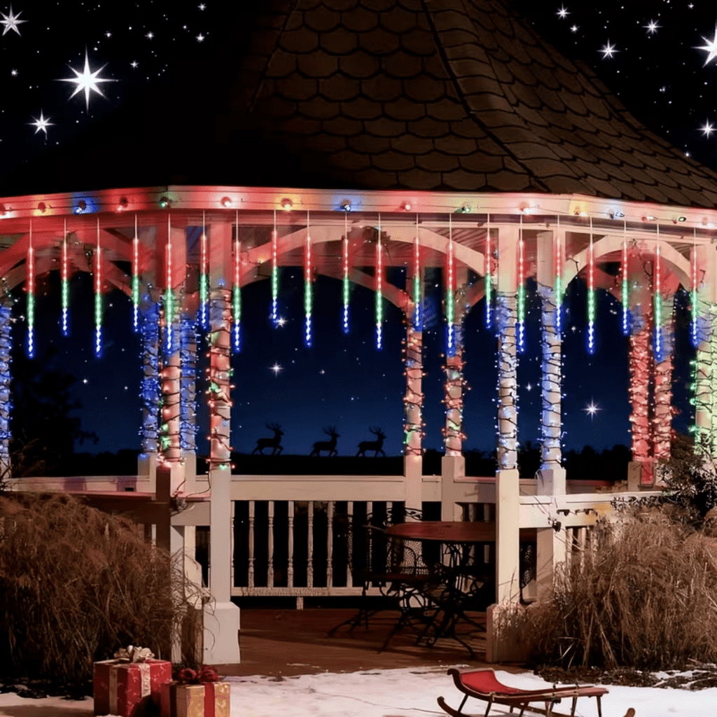 Multicolor Meteor Shower Lamp, Outdoor Solar Powered Icicle Lamp, Snowflake Falling Rain String Lamp, Christmas Tree Lamp, 10 Tubes, 11.8 Inches, 300 Led, Suitable For Halloween, Holiday Parties