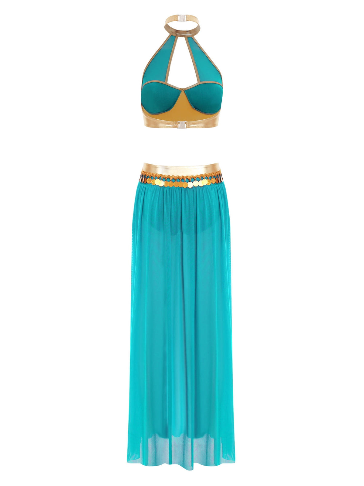 YiZYiF Women's Belly Dance Costume Halter Crop Top with Sequin Tassel Split Mesh Long Skirt 2Pcs Set Red A S
