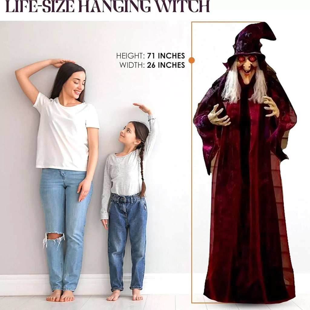 COSTYLE 71" Halloween Hanging Flying Witch, Talking Animated Witch Light Up Eyes Sound Activated, Outdoor Halloween Decorations Haunted House Prop
