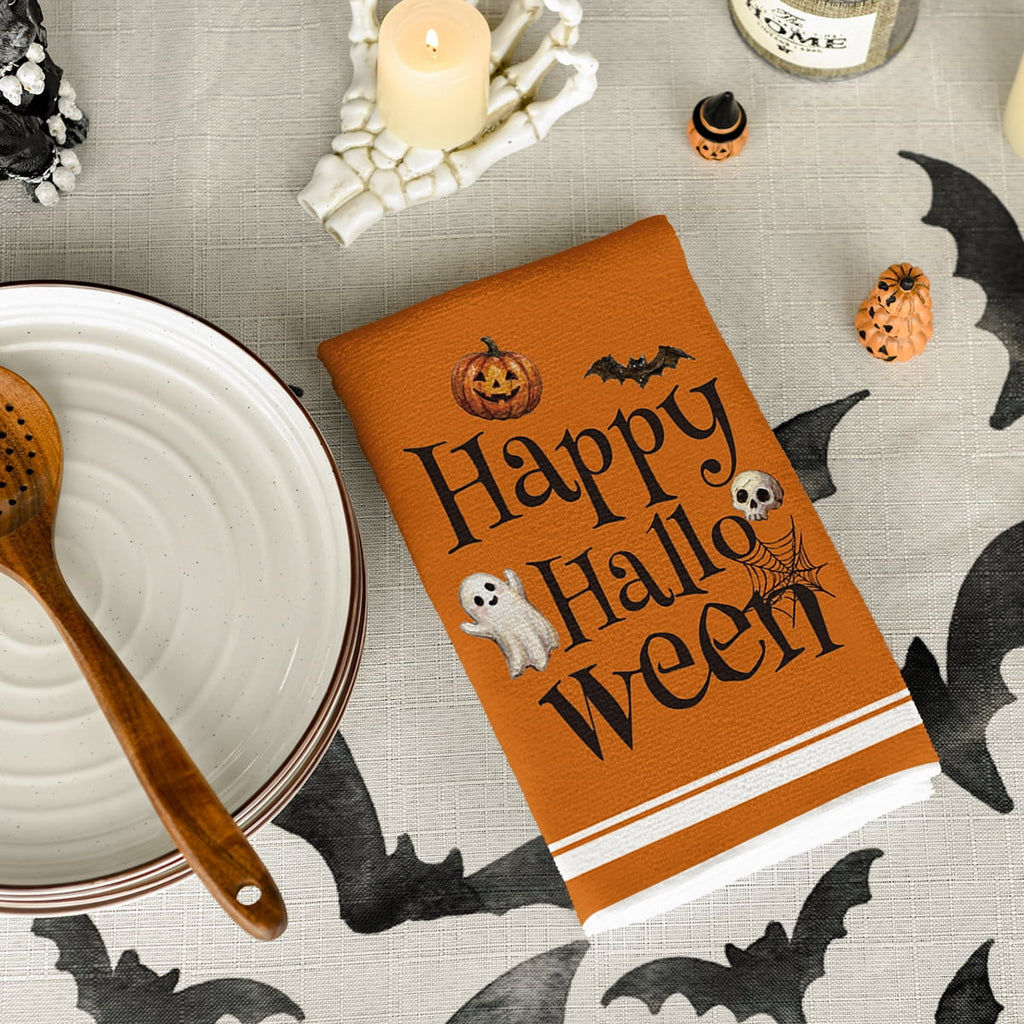 Sm:)e Ghost Pumpkins Bats Floral Spooky Halloween Kitchen Towels Dish Towels, 18x26 Inch Jack-O'-Lantern Decoration Hand Towels Set of 2