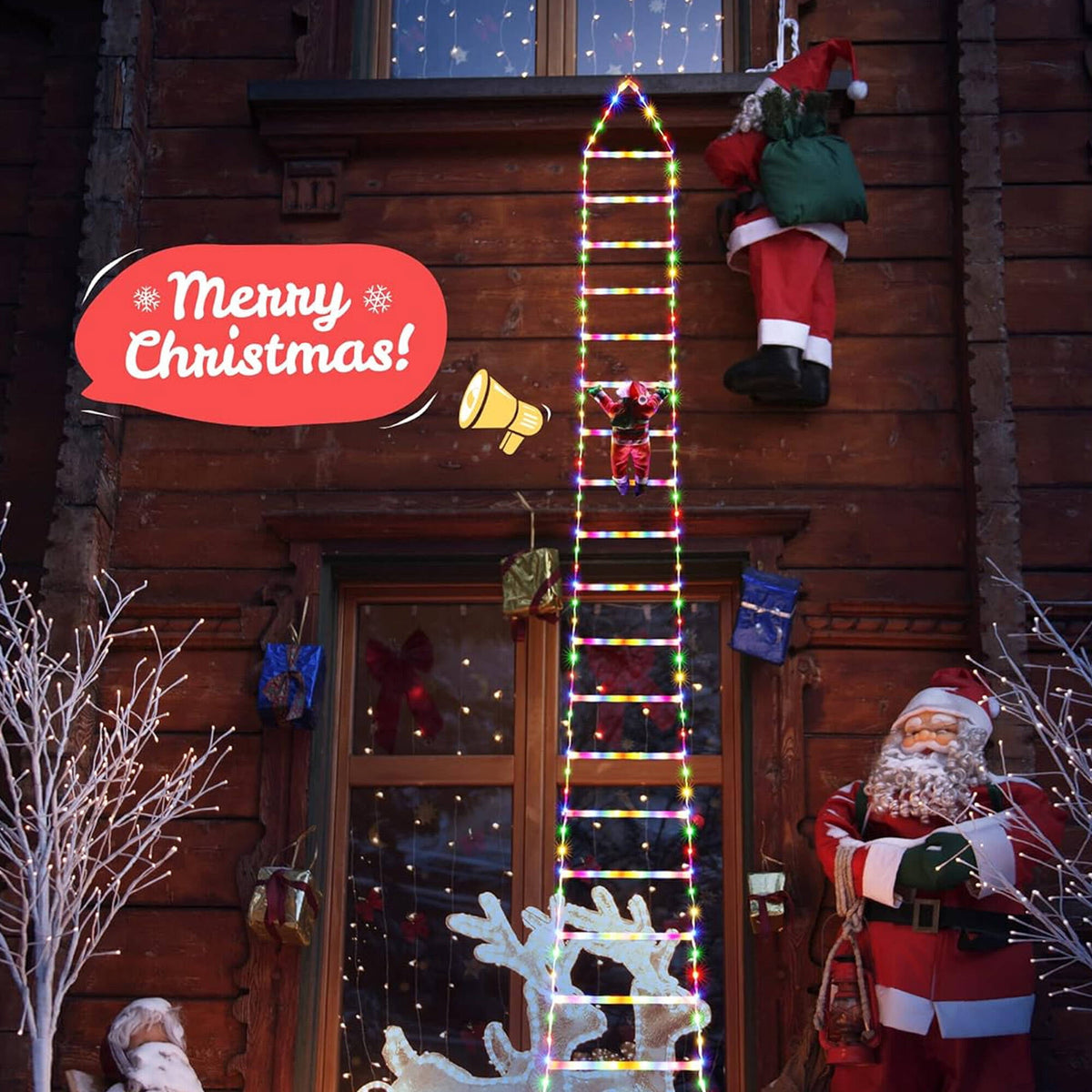 Morfone Christmas Decorations LED Ladder Lights with Climbing Santa Claus, 10.5ft Christmas Decorative String Lights for Indoor Outdoor, Window, Garden, Home, Wall, Xmas Tree Decor, Multicolor