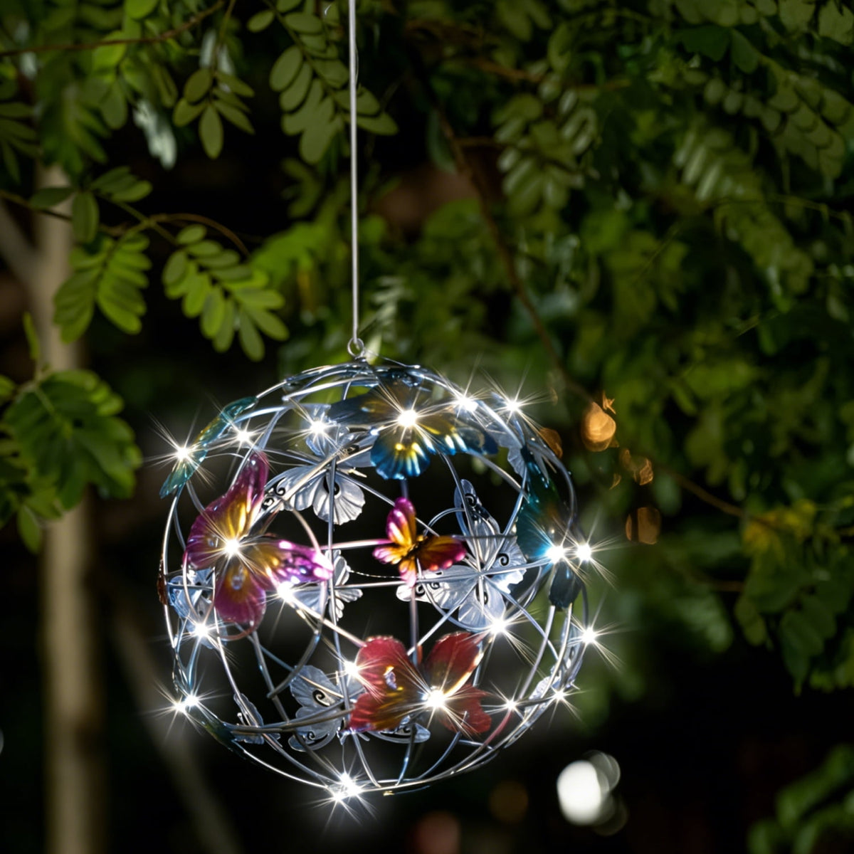 Hanging Solar Light Round Ball with Colorful Butterfly with Weaving String Special Gift for Garden Patio Gazebo Decor Camping