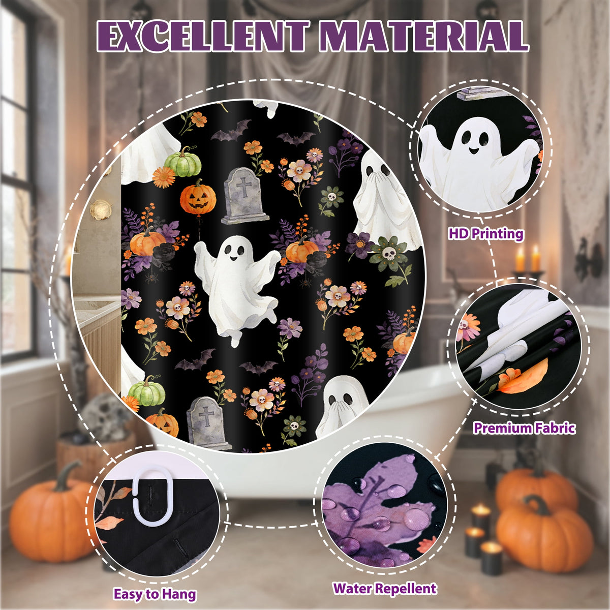FRAMICS Halloween Shower Curtain Sets with Rugs, 16 Pc Pumpkin Spooky Ghost Bathroom Sets, Black Waterproof Fabric Shower Curtain with 12 Hooks and Toilet Rugs