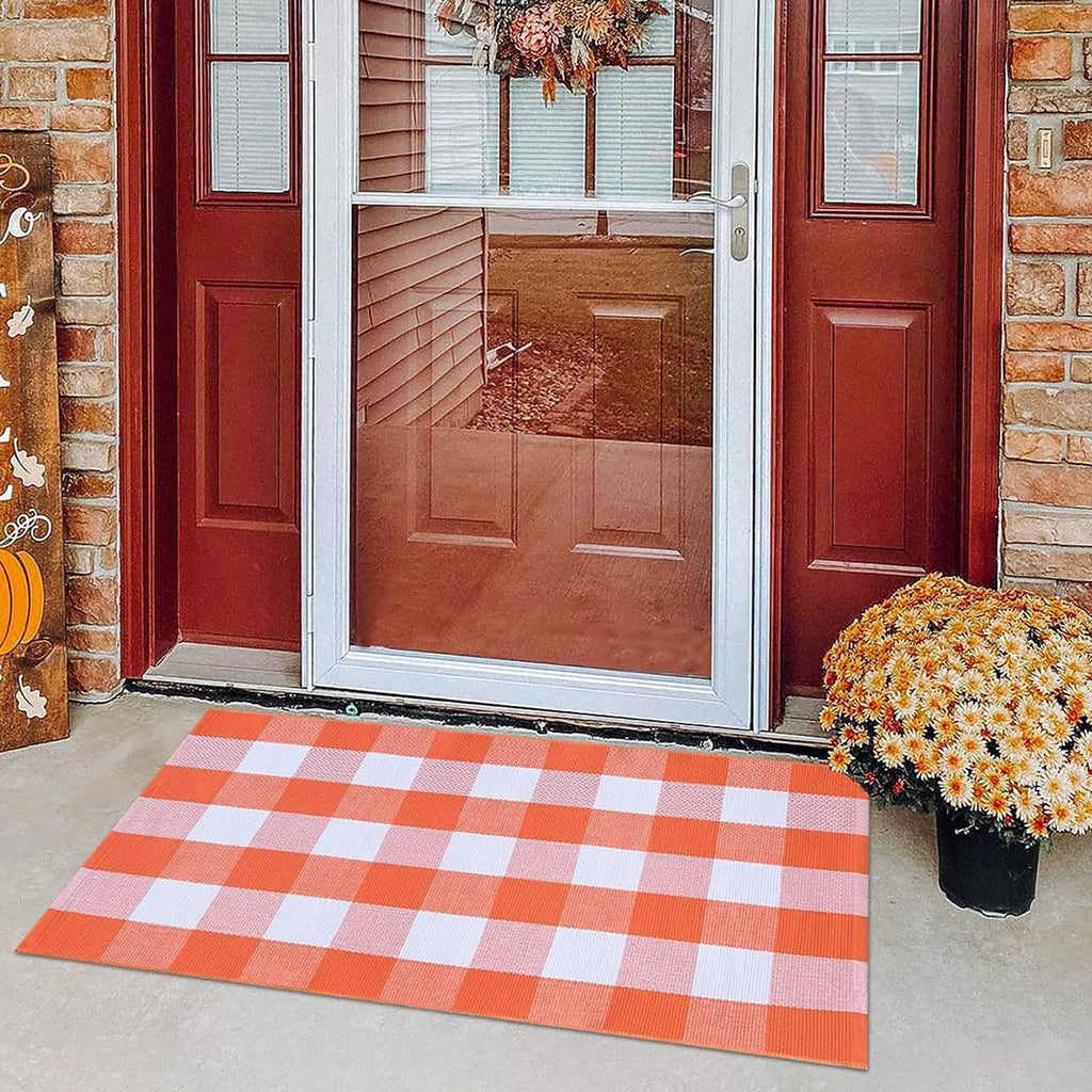 Guozer Fall Outdoor Rug Orange Plaid Outdoor Rug Cotton Hand-Woven Check Rug Layered Doormats For Front Door/Front Porch/Farmhouses/Entryway/Patio 23.6''x 35.4''