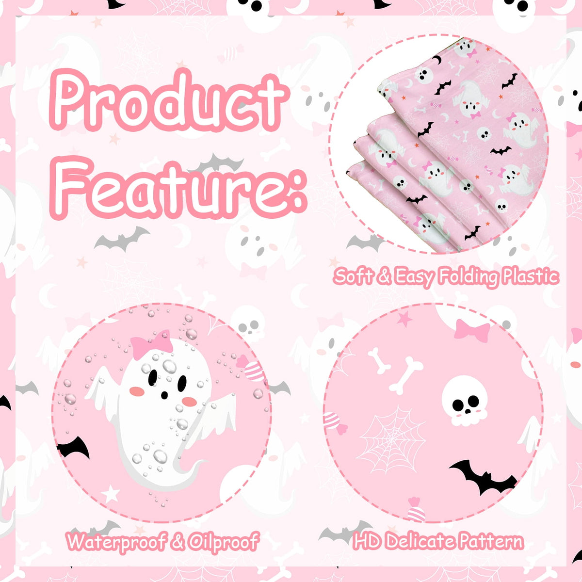 BrandName 1PC Pink Halloween Themed Tablecloth 9.0 x 4.3 ft Halloween Party Table Cover Ghost Bat Skull Spider Web Print Disposable Style Table Decoration for Indoor Outdoor Celebration Supplies