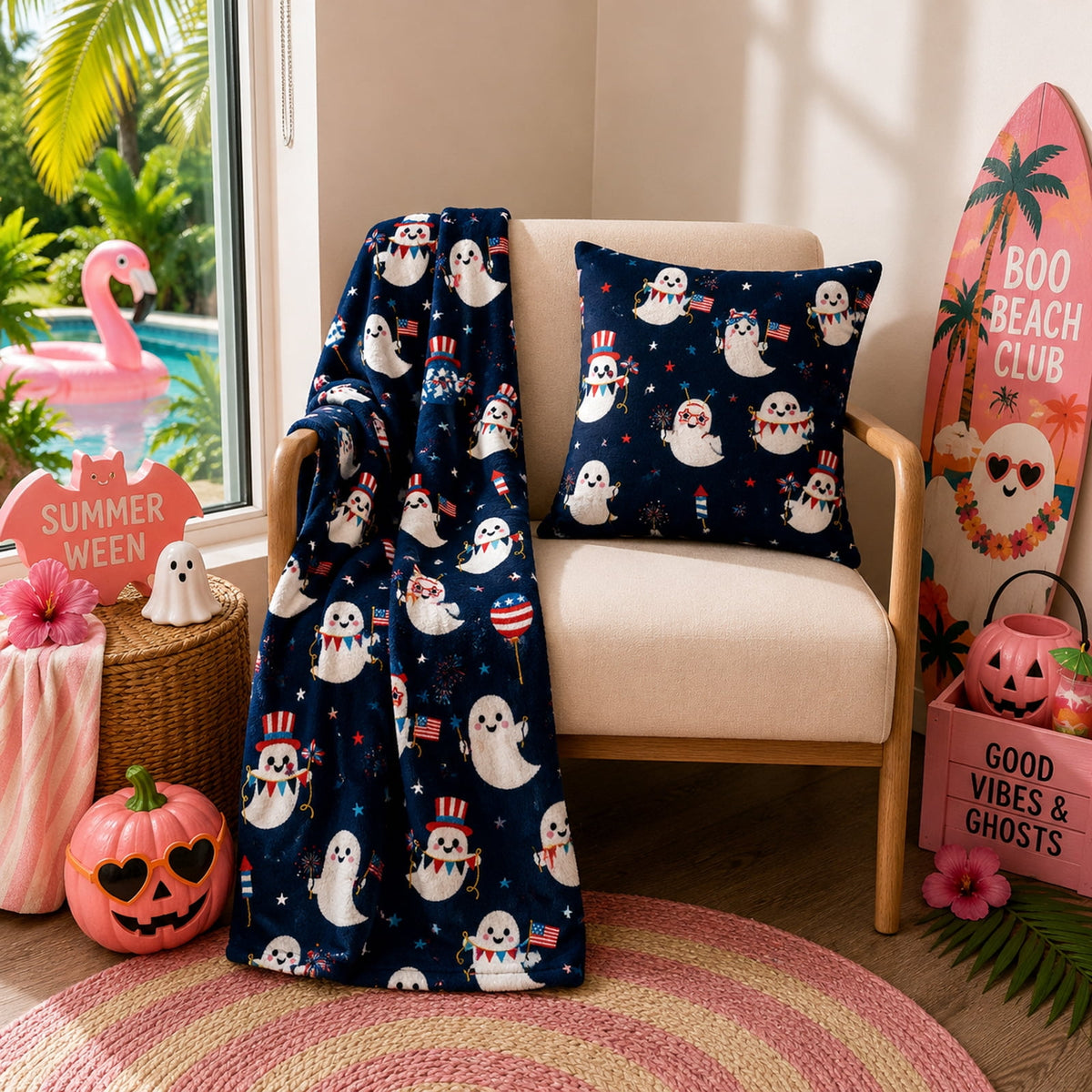 Summerween 18"x18" Plush Decorative Pillow, Vacation Ghosts