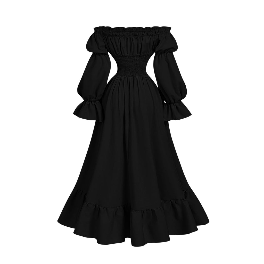 QATAINLAV Renaissance Costume Women Vintage Medieval Dress Cold Shoulder Short Sleeve Peasant Pirate Irish Maxi Dresses, Black, L