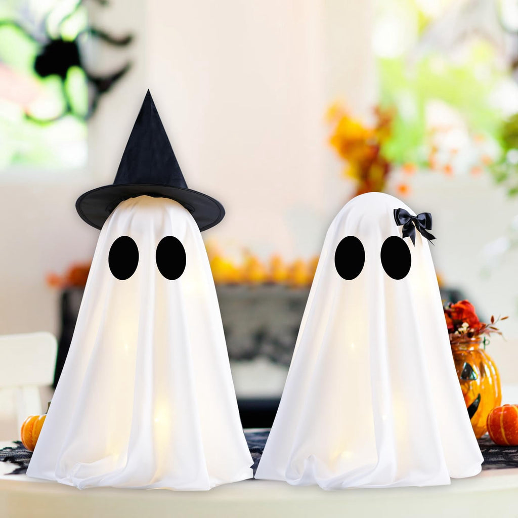 TETOU 2pcs Halloween Scary White Ghost Decor , Light Up DIY Scary White Ghost with Timer for Halloween Indoor Home Tabletop Mantel Decorations