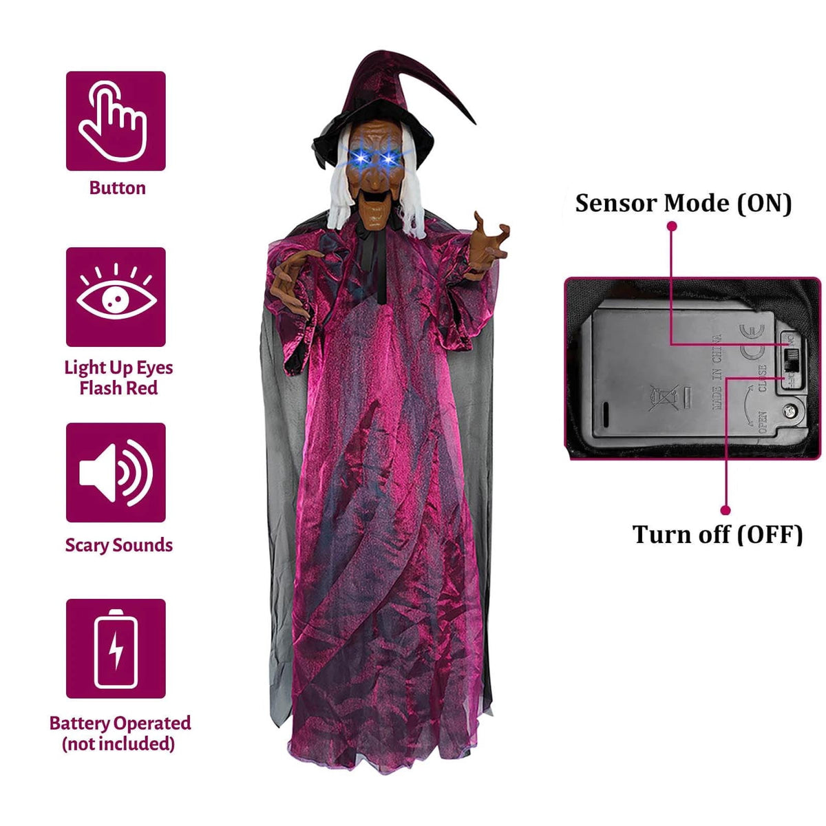 Halloween Animatronics Witch Clearance, Voice Activated Purple Escape Haunt Halloween House Décor & Fright Fest Prop, Life Size Animated Halloween Decoration Outdoor