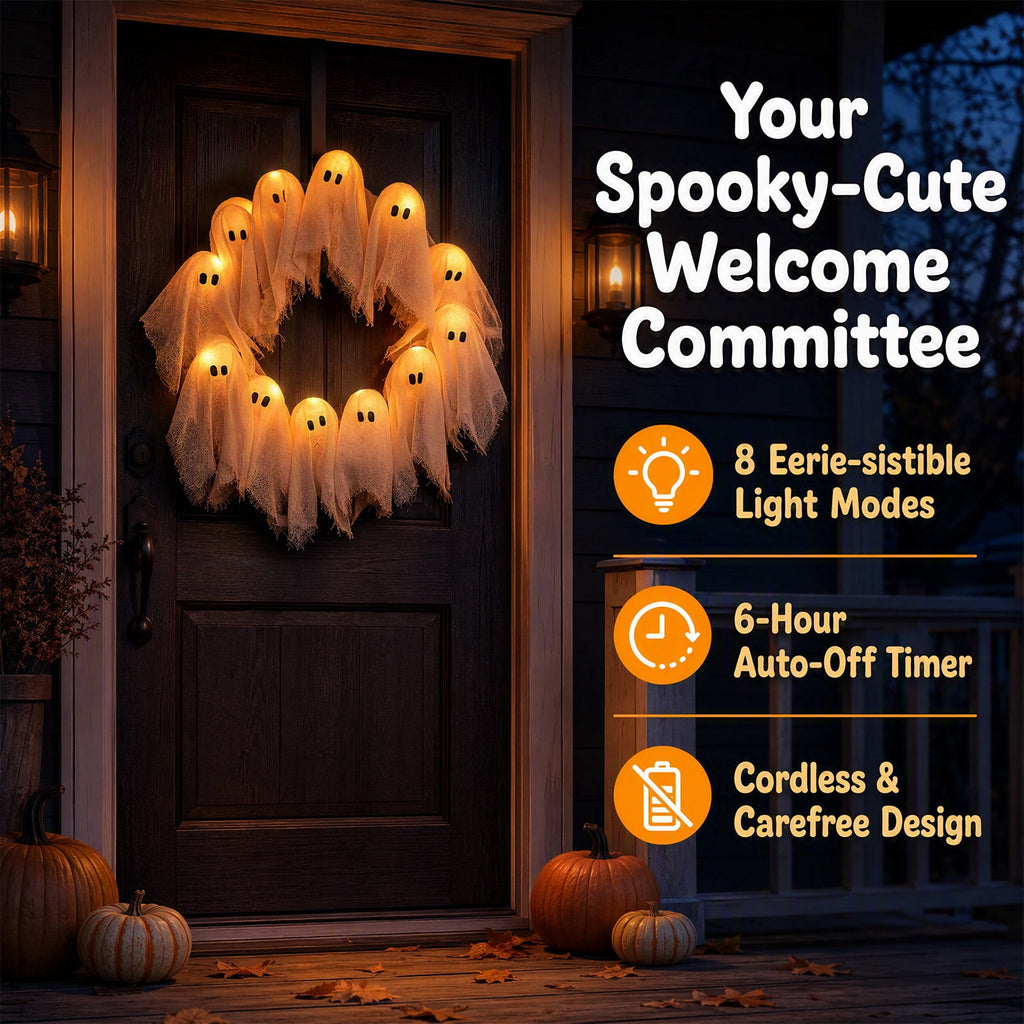 Halloween Glowing Ghost Wreath, Light-up Spooky Wreath with 12 Ghost Decor, RC, 6H Timer, Ideal for Halloween Party (A 12x3inch)