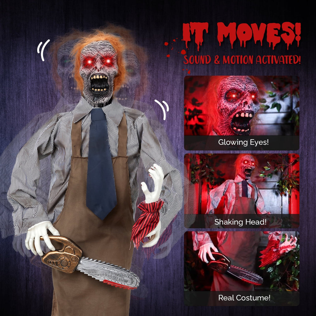 Ktaxon 6ft Chainsaw Killer Animated Halloween Decoration Creepy Halloween Killer w/ Pre-Recorded Screaming, LED Eyes