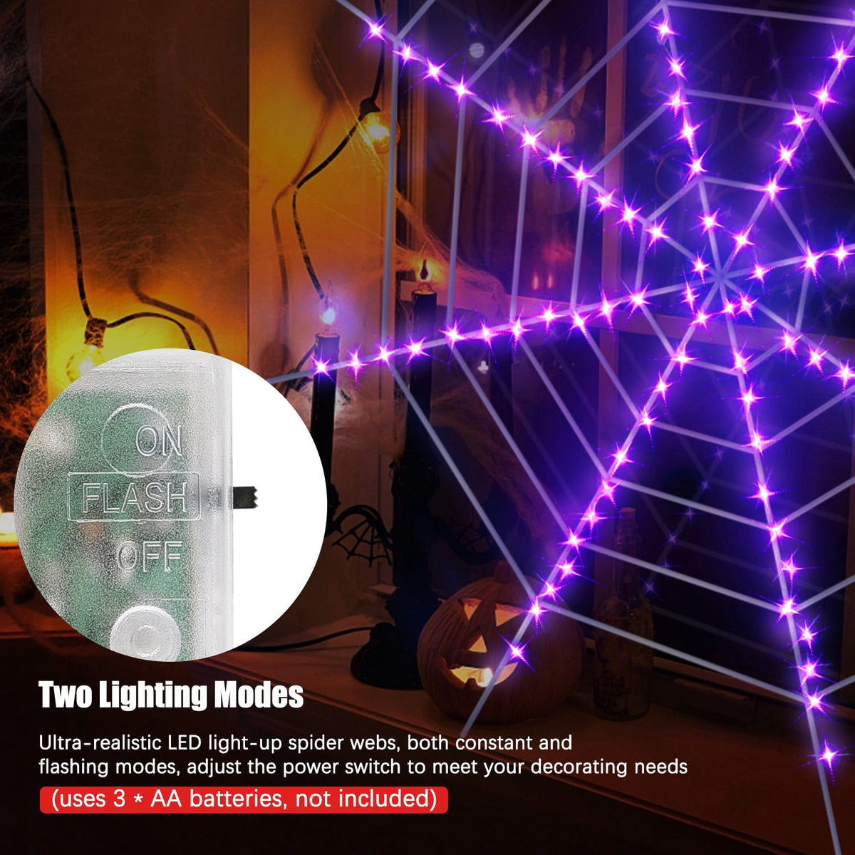 Innens 11.8ft Halloween 144 LED Purple Spider Web Lights with 35" Giant Spider Light up Cobweb Halloween Decorations for Indoor Ourdoor Garden Yard Home Patio (Black, 1Pc)