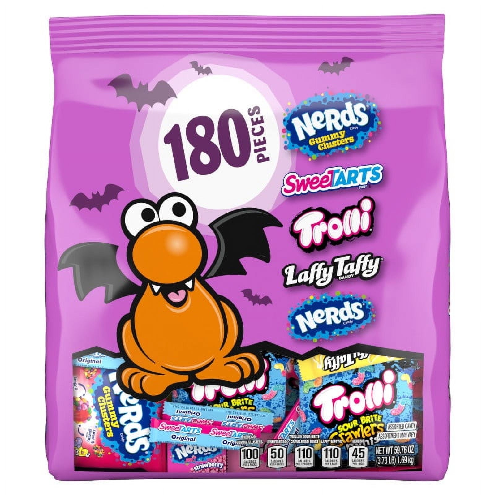 Nerds Core Winners Halloween Trick-or-Treat Variety Bag, NERDS Gummy Clusters, SweeTARTS, Trolli, Laffy Taffy, and NERDS Original, 180 Pieces, 59.76 Ounces