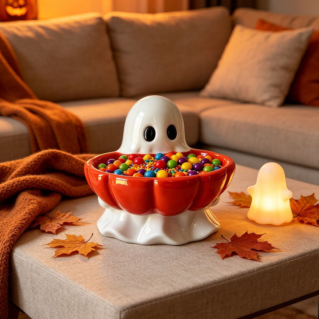 Diceymbol Halloween Pumpkin Snack Bowl Stand Collapsible Broomstick Candy Tray for Cupcakes & Desserts, Resin Serving Platter with Ceramic Pumpkin Bowls