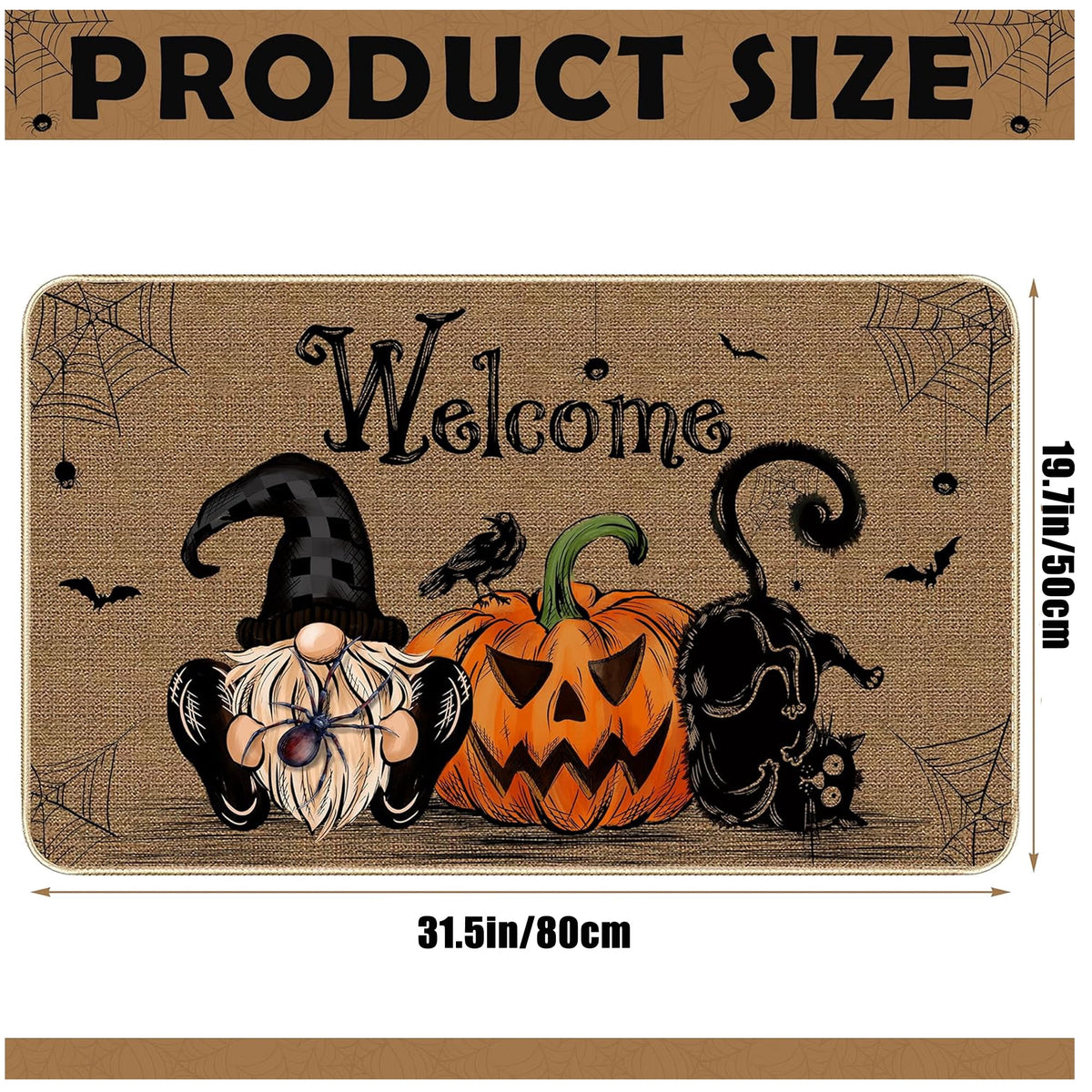 NIETEIN Halloween Door Mat Pumpkin Cat Gnomes Non-Slip Washable 31.5x19.7 Inch (Black Cat Pumpkin Dwarf)