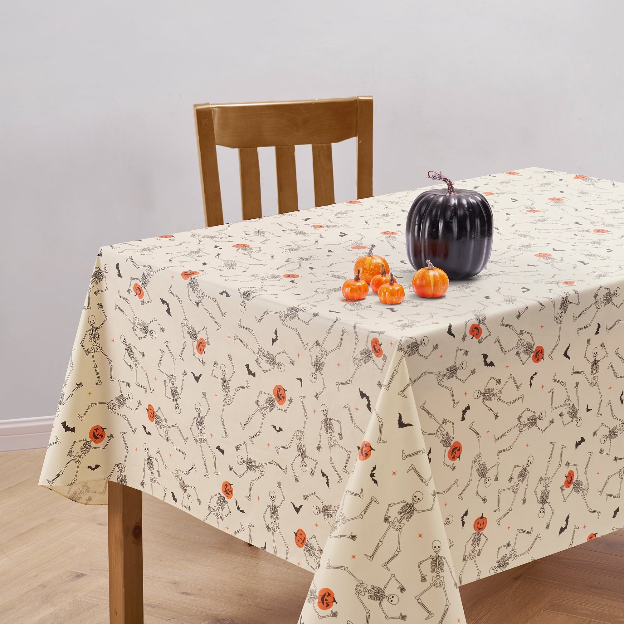 Way To Celebrate Halloween PEVA Tablecloth, For Table 60" x 102" - Skeleton Pumpkin Head Toss