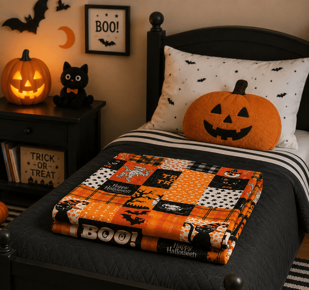 Serafina Home Halloween Throw Blanket: Fuzzy Boo! Jack O'Lantern Spider Webs Skull and Black Cats Print on Velvet Fleece for Sofa Bed Couch Chair Dorm