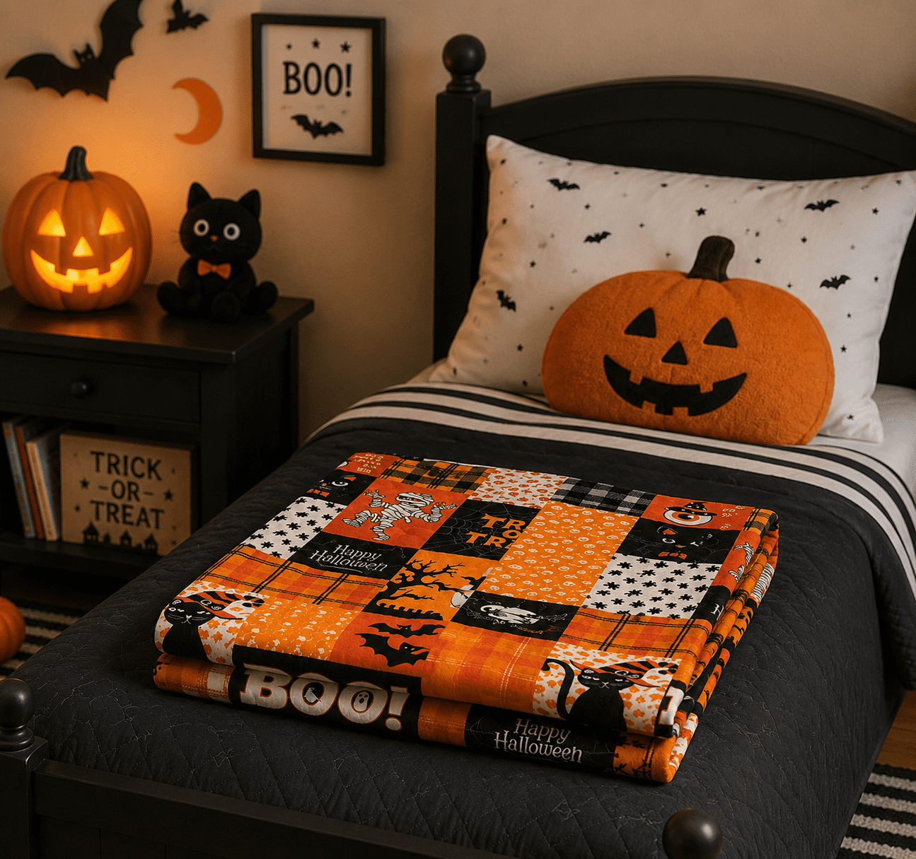 Serafina Home Halloween Throw Blanket: Fuzzy Boo! Jack O'Lantern Spider Webs Skull and Black Cats Print on Velvet Fleece for Sofa Bed Couch Chair Dorm