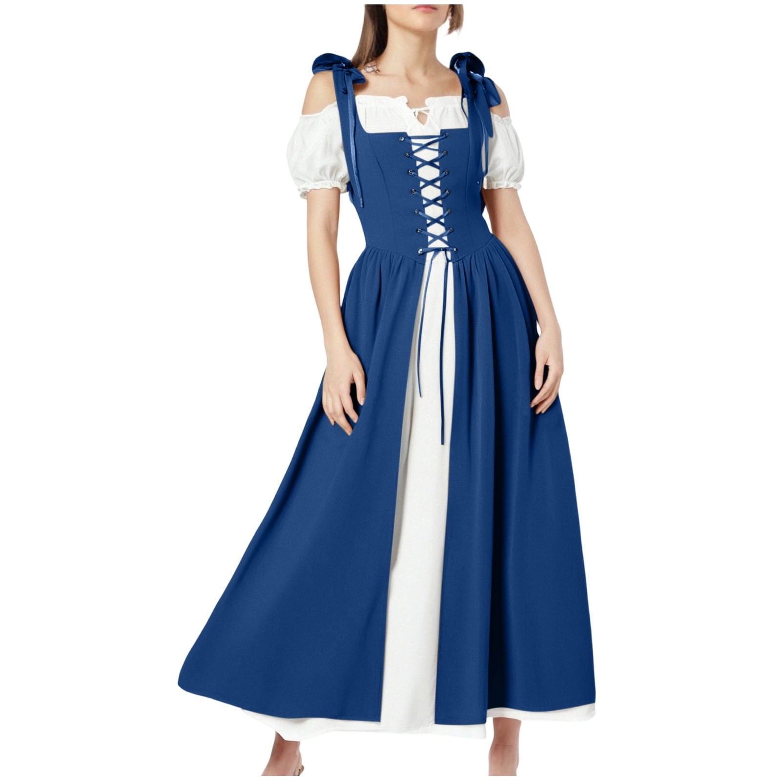 QATAINLAV Renaissance Costume Women Vintage Medieval Dress Cold Shoulder Short Sleeve Peasant Pirate Irish Maxi Dresses, Black, L