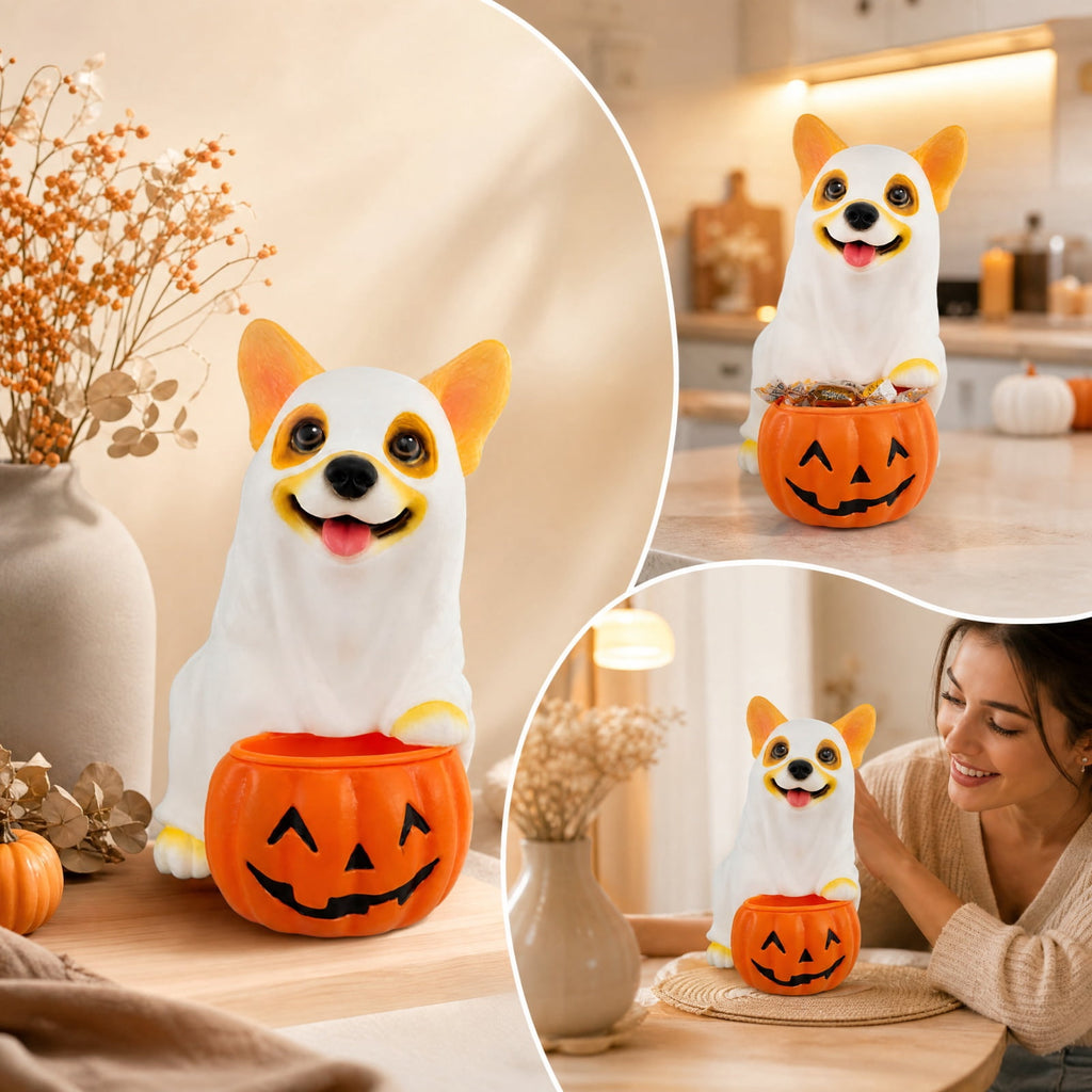 Clearance Halloween Schnauzer Bat Figurine with Ghost Bucket, 8 inch Resin Cute Dog Gifts Tabletop Decor