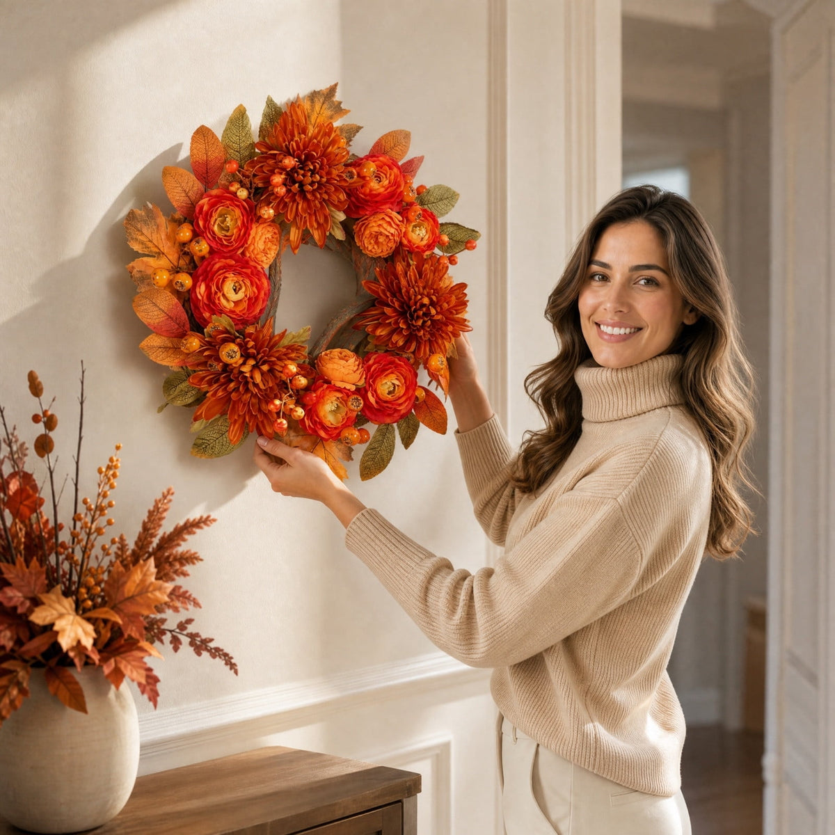HOARBOEG Handmade Wrought Iron Maple Leaf Wreath, Thanksgiving Rudolph Fall Harvest Door Hanging, Orange Metal Autumn Wreath with Berries, Garden Wall Decor, 15.75 in