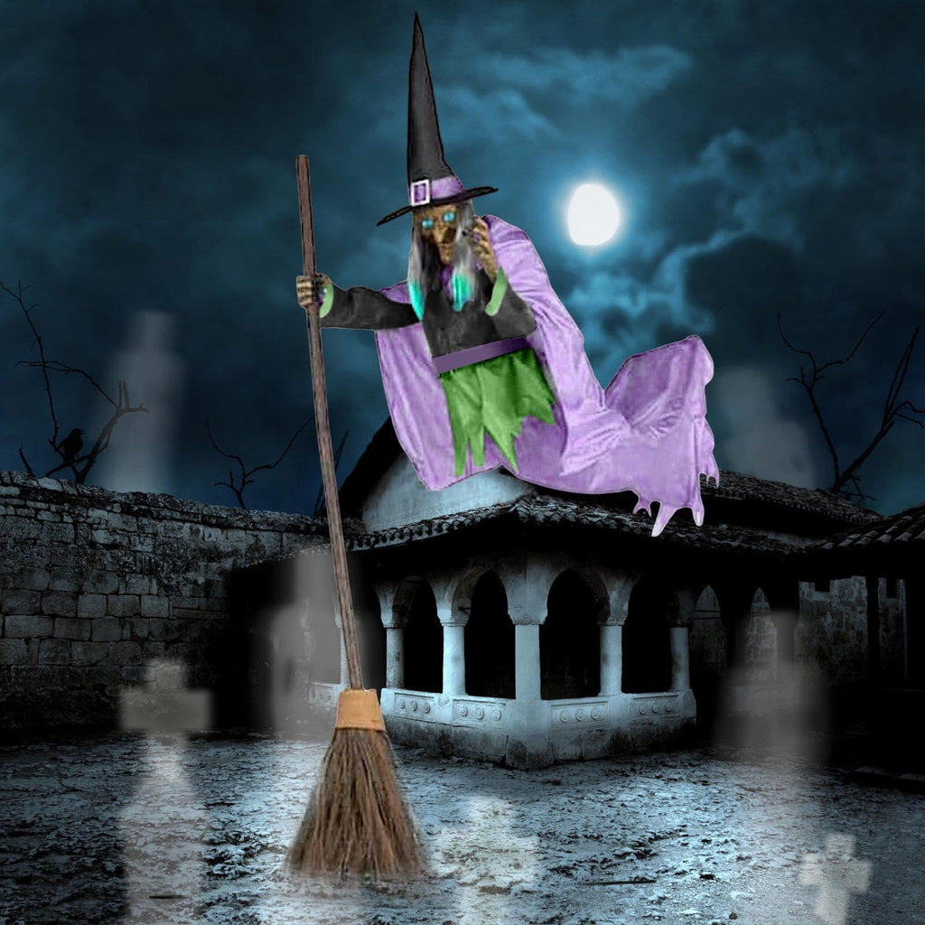 6FT Animated Flying Witch Decoration with Lights and Sounds Green 1pc