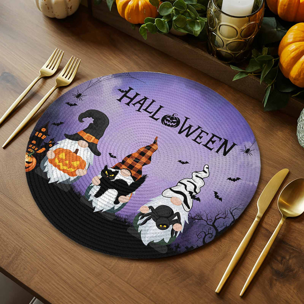 Halloween Round Placemats Set of 4 Gnomes Pumpkin Place Mats Washable Woven Placemat Black Cat Bat Castle Purple Circle Braided Table Mat for Kitchen Dining Table Holiday Party Home Decor 15 Inch