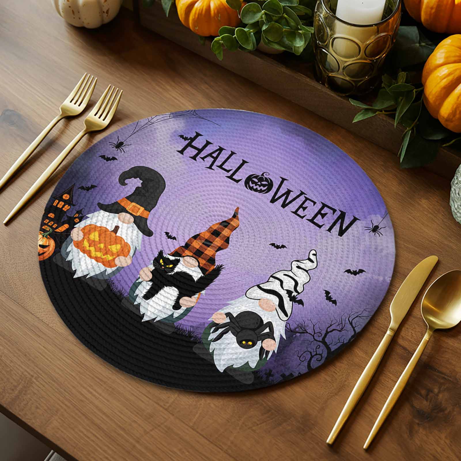 Halloween Round Placemats Set of 4 Gnomes Pumpkin Place Mats Washable Woven Placemat Black Cat Bat Castle Purple Circle Braided Table Mat for Kitchen Dining Table Holiday Party Home Decor 15 Inch