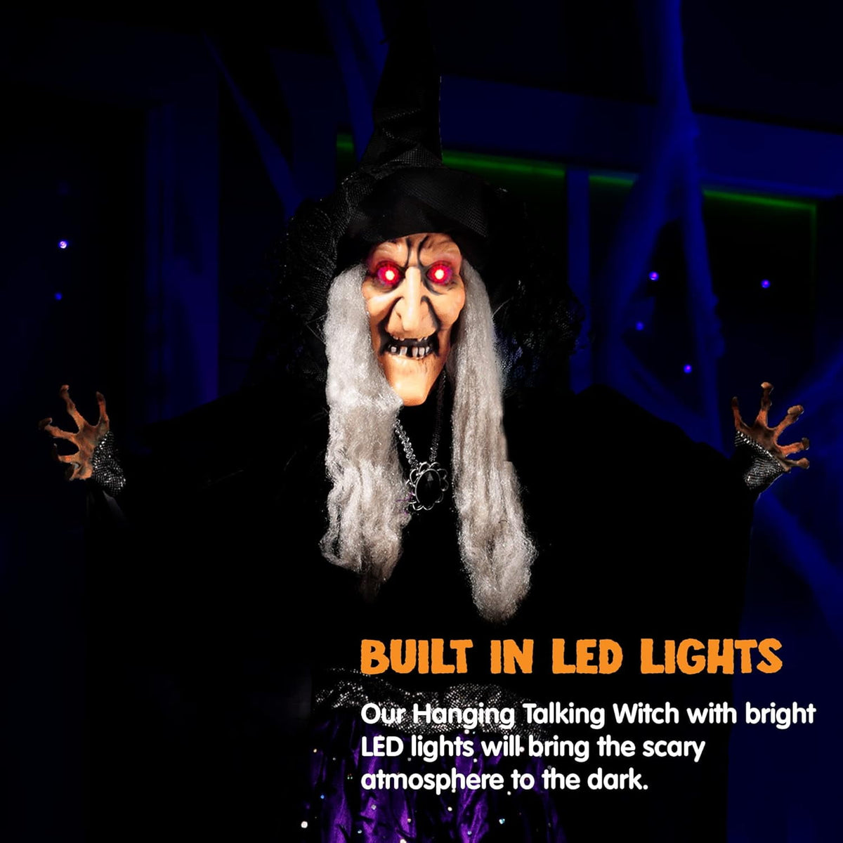 Joyfy 6ft Halloween Witch Decoration,Outdoor Scary Halloween Animatronic Hanging Witch with Light Up Eyes and Sound Decoration for Halloween Outdoor