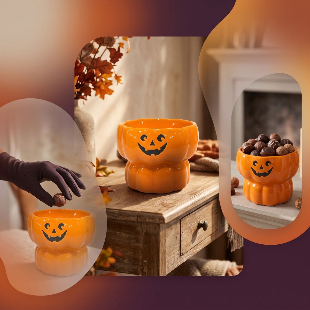 Diceymbol Halloween Pumpkin Snack Bowl Stand Collapsible Broomstick Candy Tray for Cupcakes & Desserts, Resin Serving Platter with Ceramic Pumpkin Bowls