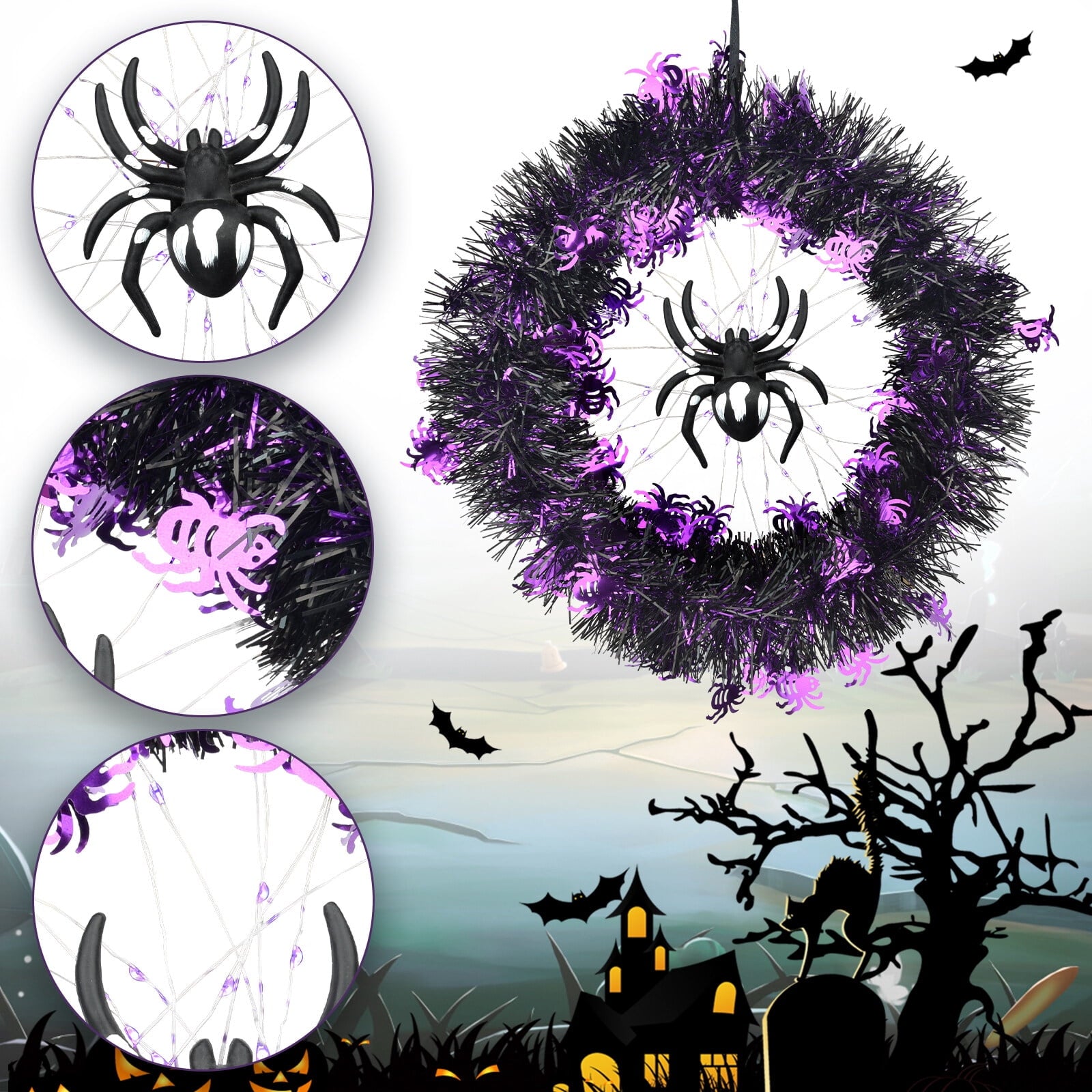 Halloween Wreath Halloween Spider Decorations Wreath with Lights, Halloween Spider Garland LED Halloween Door Wreath for Halloween Party, Halloween Decorations Outdoor Indoor Wall and Window