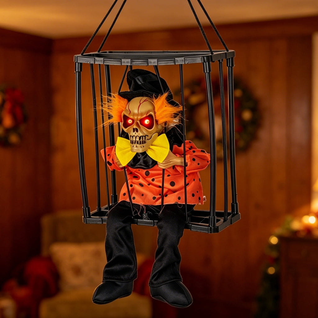 Sahpxhe Halloween Decorations Hanging Ghost Decor, Animated Shaking Caged Skeleton Prisoner with Glowing Red Eyes for Indoor Living Room Party Decor Watermelon Red