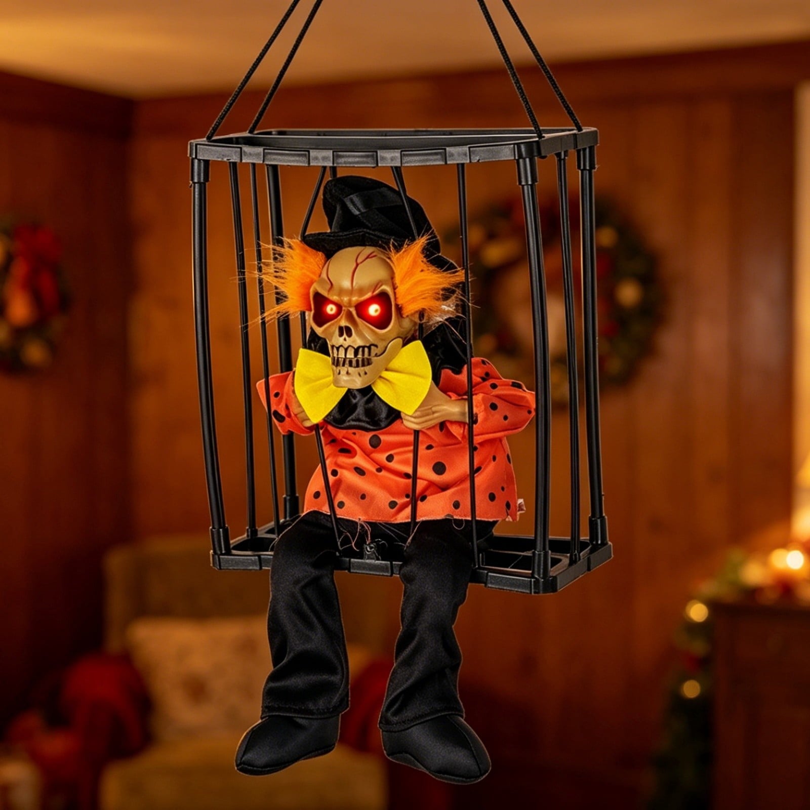 Sahpxhe Halloween Decorations Hanging Ghost Decor, Animated Shaking Caged Skeleton Prisoner with Glowing Red Eyes for Indoor Living Room Party Decor Watermelon Red